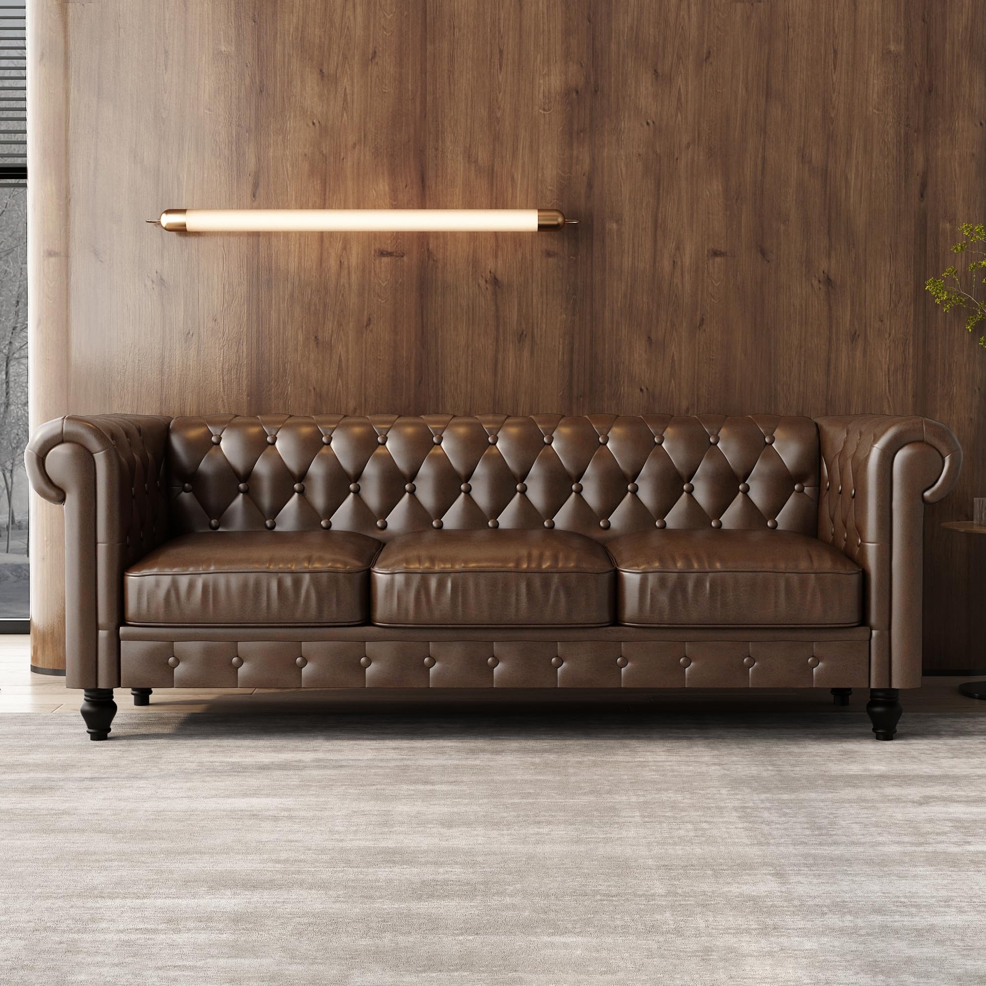 Leather Brown Sofa for Living Room Chesterfield 3 Seater Couch Sofa