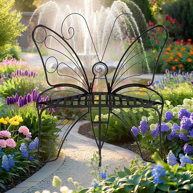 Butterfly Garden Bench, Double Seats Outdoor Bench, Black Patio Bench