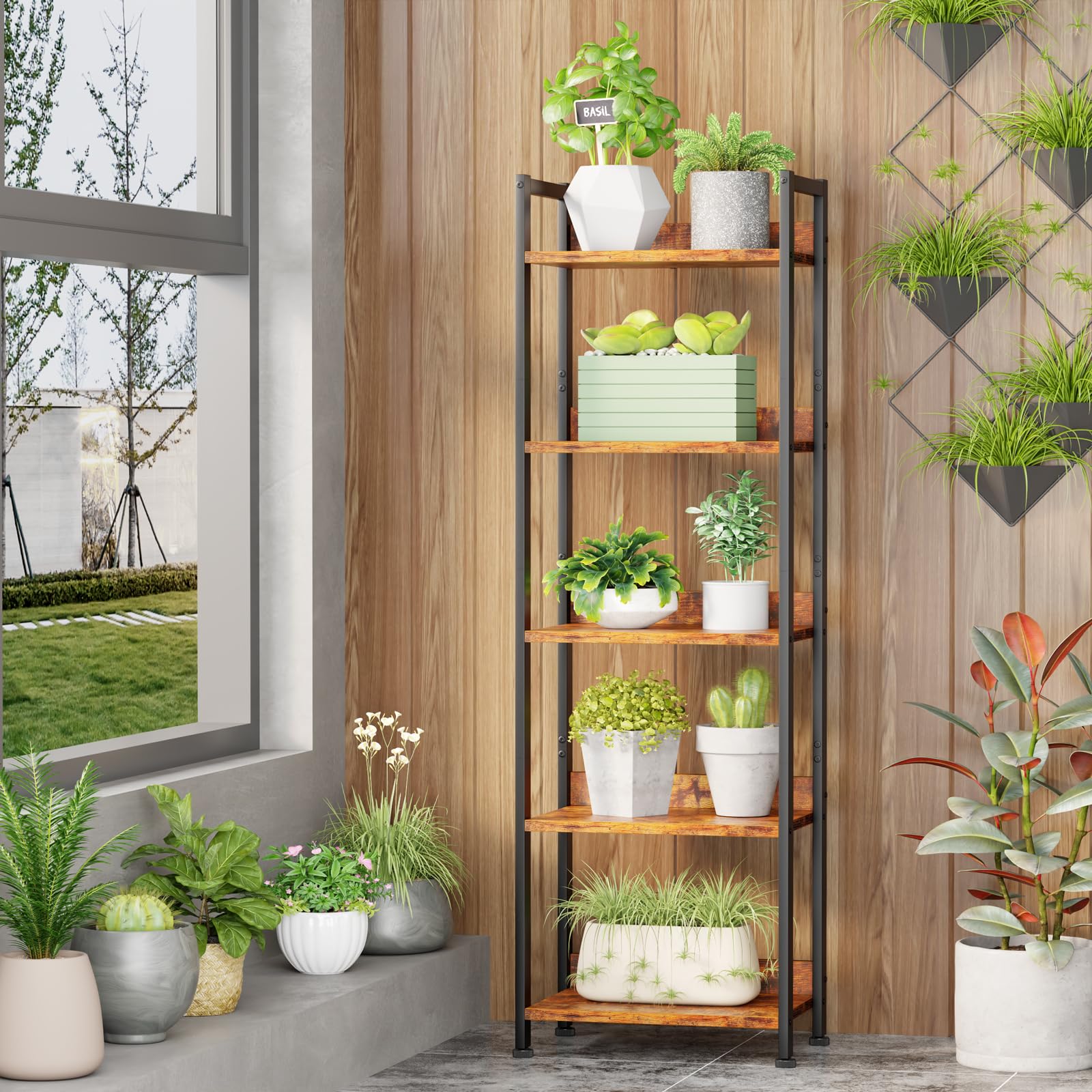5 Tier Bookshelf with Drawer, Tall Narrow Bookcase with Shelves, Wood and Metal Book