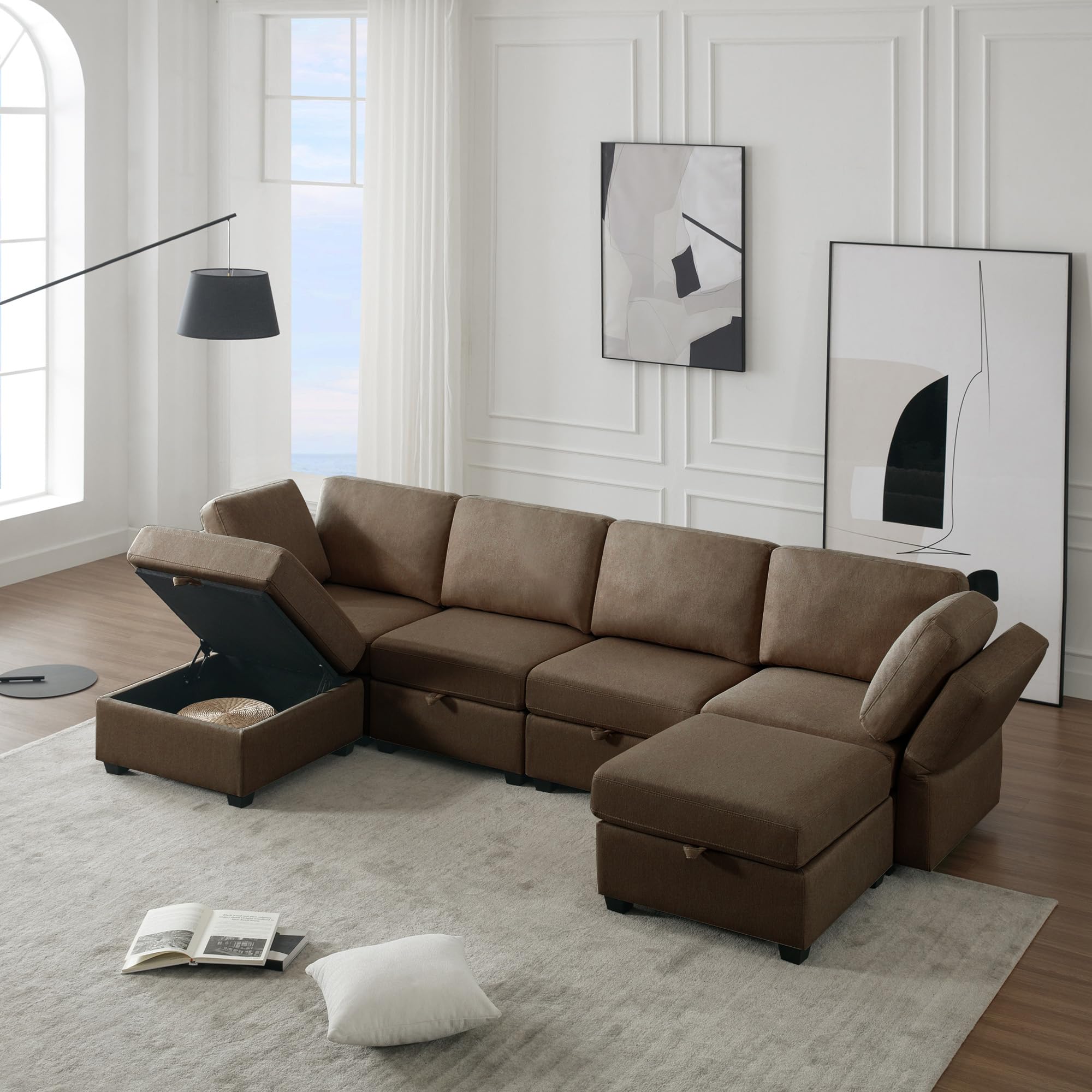 4 Seat U-Shape Linen Couch with 2 Reversible Storage Chaise