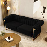 JINGDIAN Mid-Century Modern Black Velvet Sofa with Gold Metal Legs, 83.86"