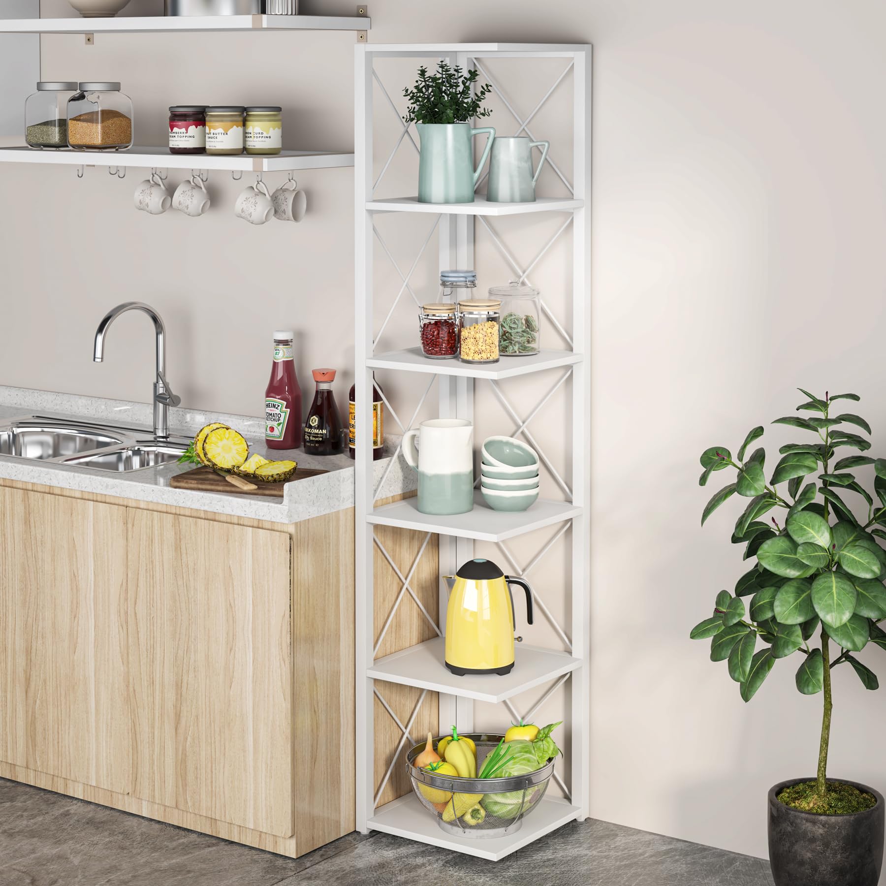 6 Tier Tree Bookshelf, Small Bookcase with Storage Cabinet, Modern Narrow Bookshelves