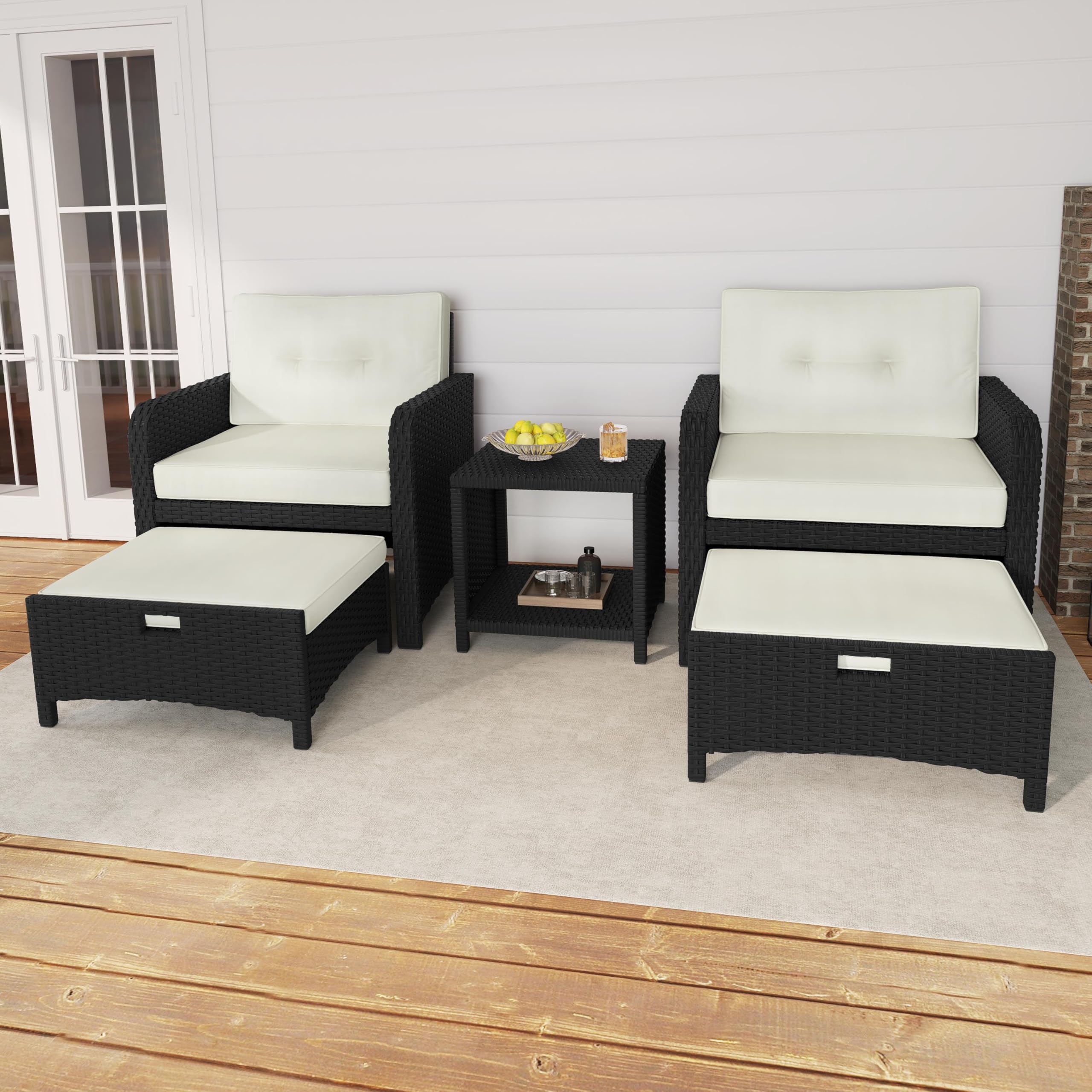 5 Piece Patio Conversation Set with Ottomans, PE Wicker Balcony Furniture