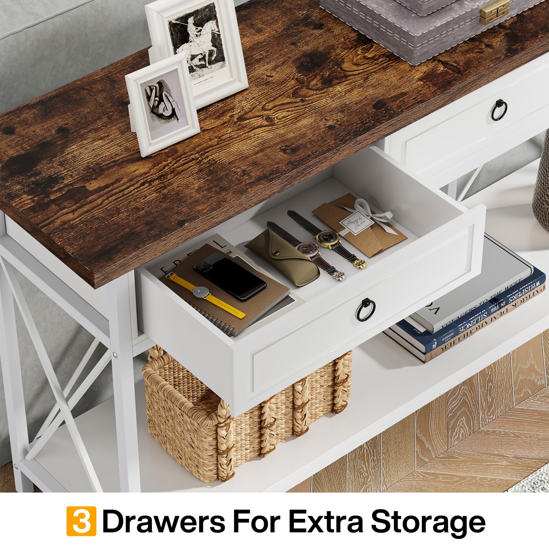 70.8" Console Table with 3 Drawers, Farmhouse Entryway Table with Storage Shelf