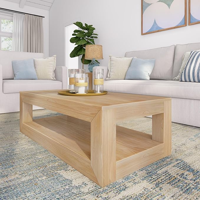 Modern Rectangular Coffee Table with Shelf, Solid Wood, 48 Inch, Center Table