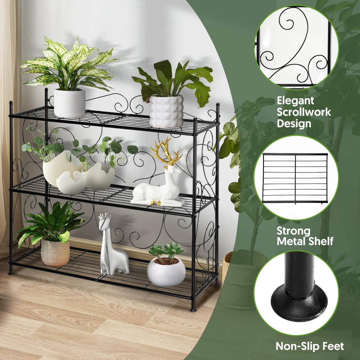 The Home Cult Plant Stand, 3 Tier Metal Plant Stand Outdoor Indoor, Heavy Duty Plant Shelf, Flower Planter Display Holder Rack for Living Room, Balcony, Garden, Black