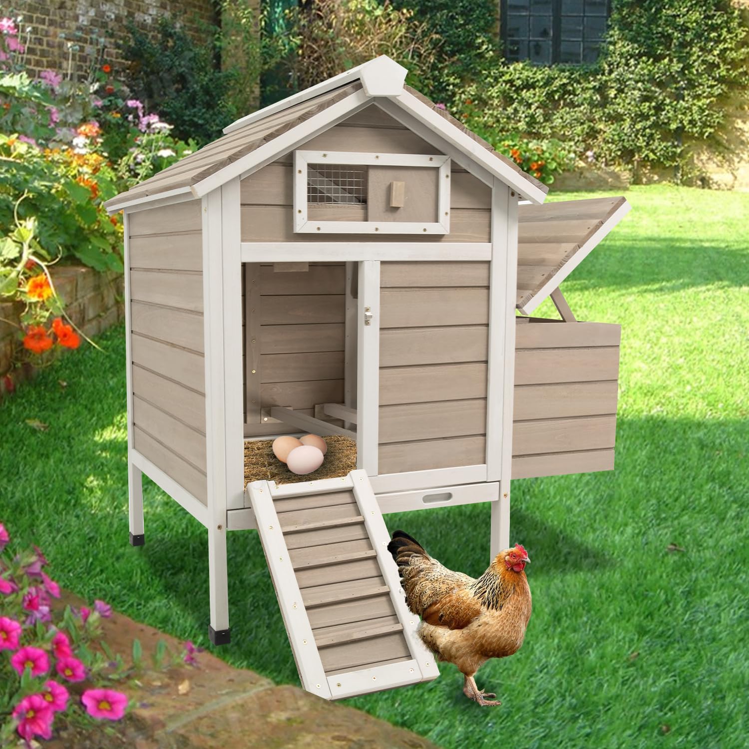 Ketive Chicken Coop Chicken House Outdoor with Removable Trays, Wooden Rabbit Hutch Poultry Cage with Nesting Box, Indoor Hen House Chicken Cage with Ramp for Garden Backyard (32"L x 23.6"W x 36.6"H)