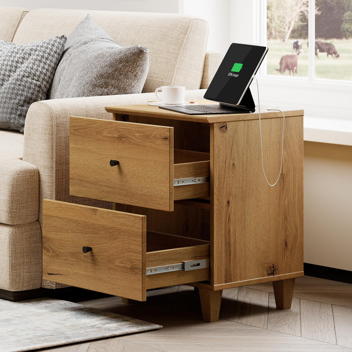 Nightstands with Charging Station&2 Drawers Storage Shelf, Modern End Tables Farmhouse Wood Bedside Table with 2 AC Outlets