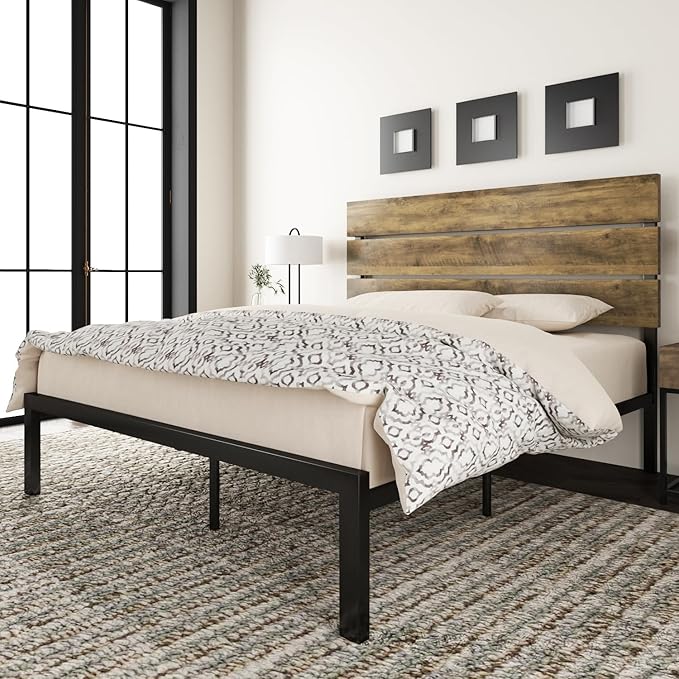 Queen Size Platform Bed Frame with Wooden Headboard and Metal Slats/Rustic Country