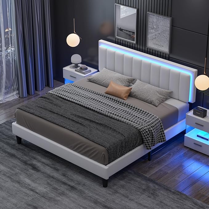 Queen Size Bed Frame with LED Lights, Upholstered Faux Leather Bed with Adjustable Headboard & Footboard,