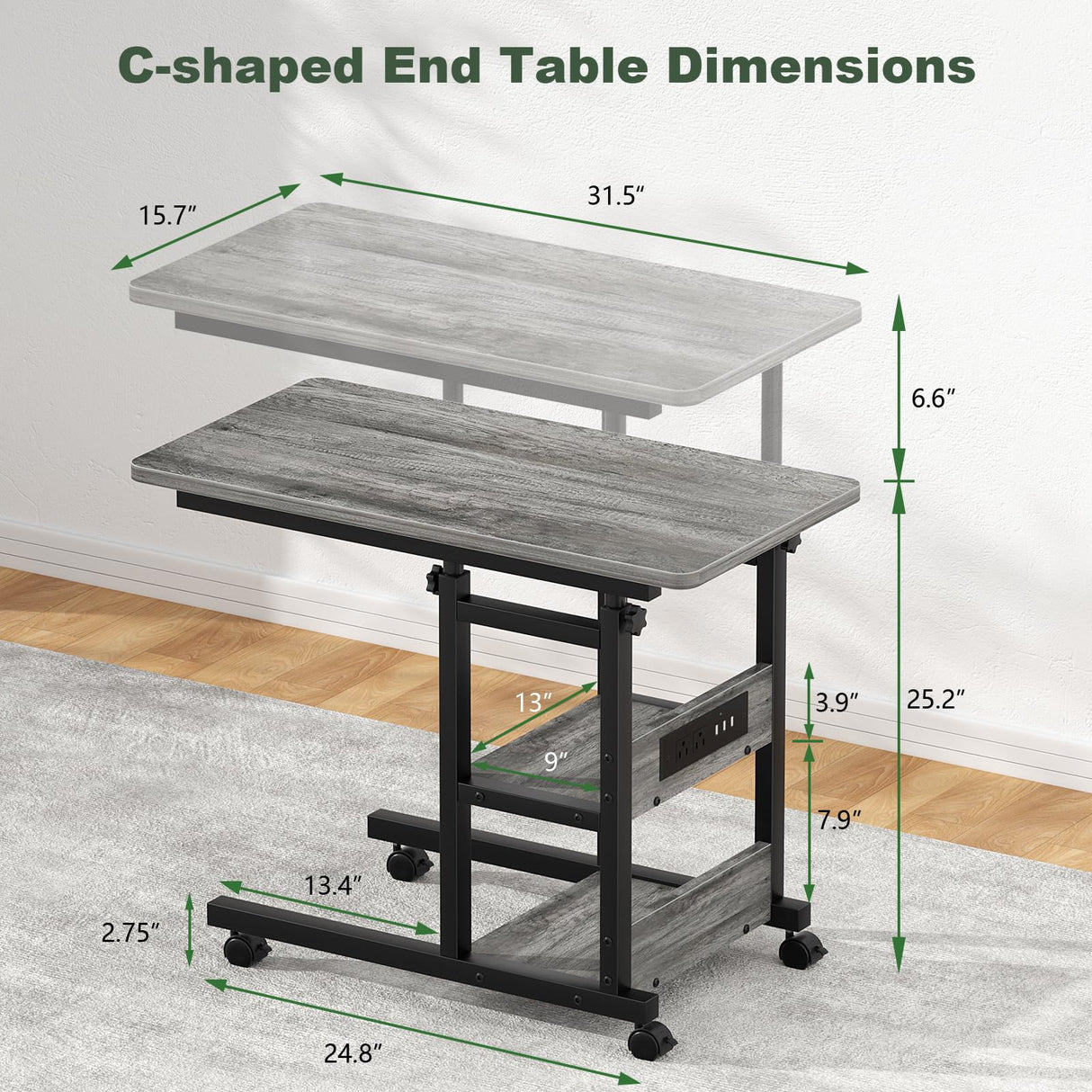 Height Adjustable C Shaped End Table with Charging Station, Mobile Laptop Side