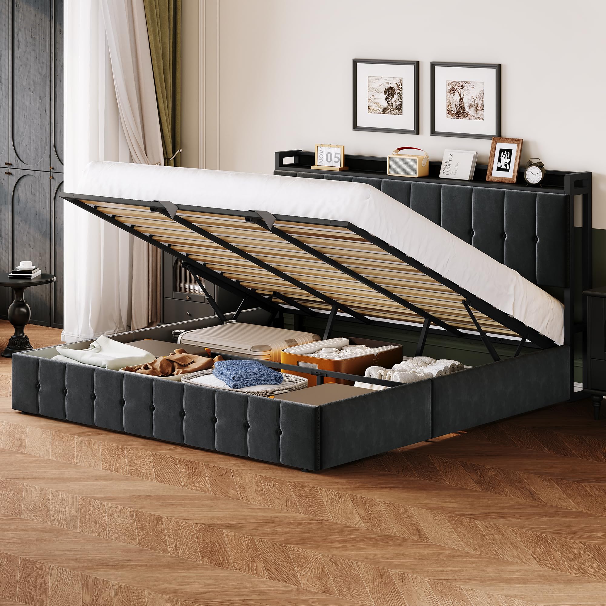King Bed Frame with Lift-Up Storage - Upholstered Velvet Platform Bed