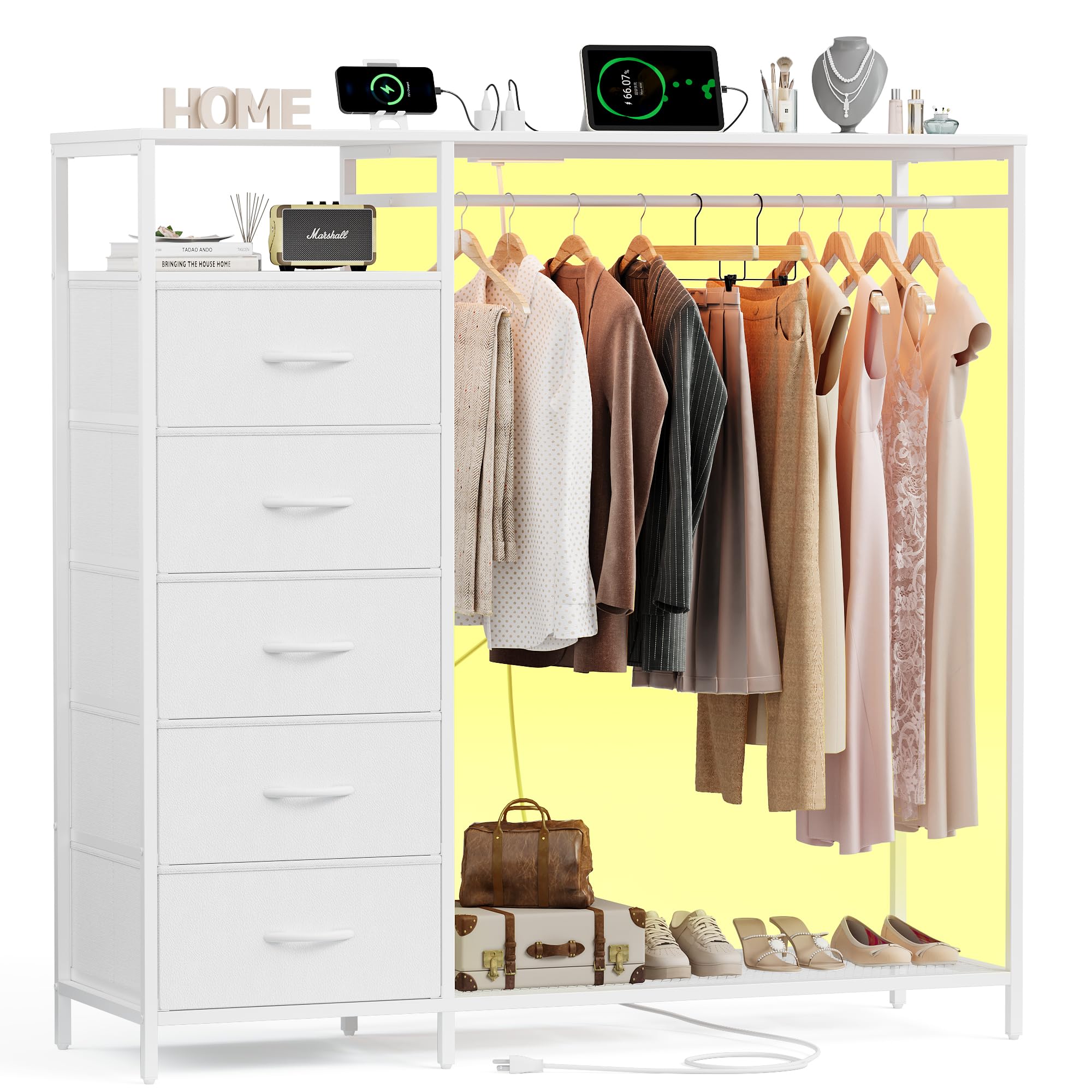 White Dresser with Hanging Rack, Dresser for Bedroom with 5 Drawers