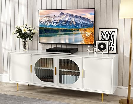 Modern TV Stand for TVs up to 70+ inch, Glass Door Television Console Table