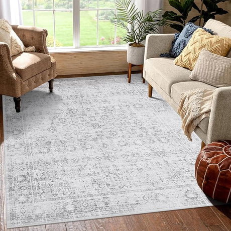 Washable Area Rug 8x10 Large Boho Living Room Rug Vintage Grey Rug for Bedroom