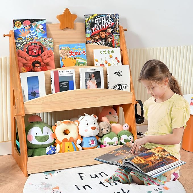 Kid Bookshelf & Toy Storage Organizer, Wooden 4 Tier Montessori Bookshelf