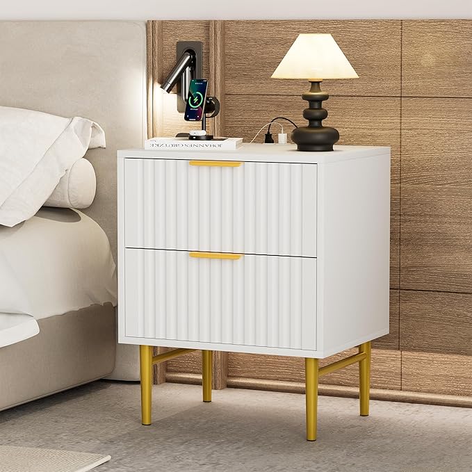 Black Nightstand Set of 2 with Charging Station, Fluted Nightstand with Drawers