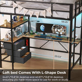 Twin Metal Loft Bed with L-Shaped Desk, LED Lights