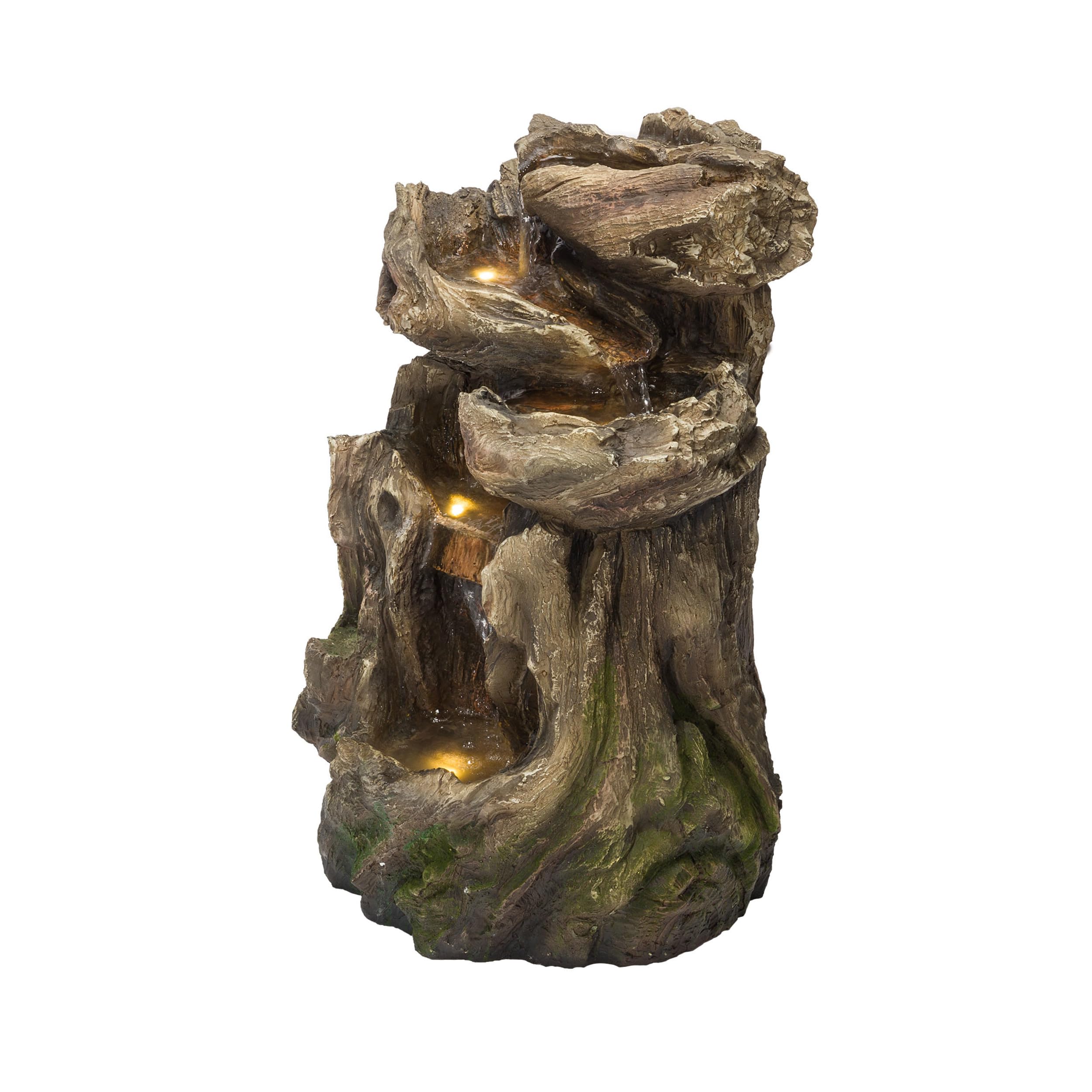 WIN1118 Indoor Floor Rainforest Log Fountain with LED Lights, 5-Tier Waterfall Garden Fountain 22", Brown