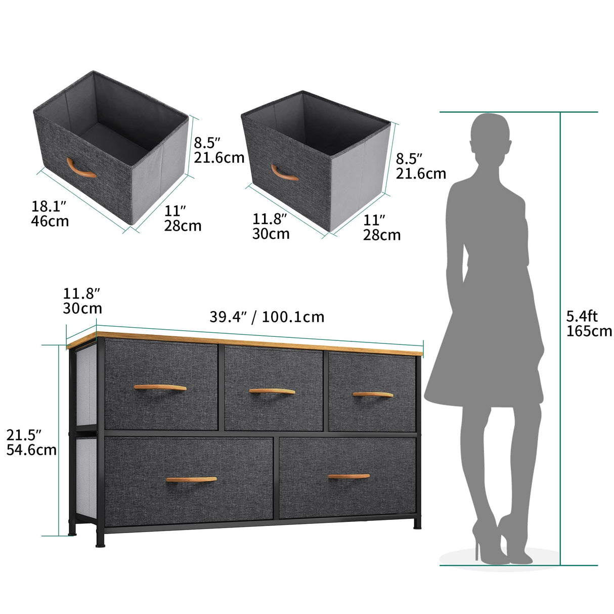 Dresser with 5 Drawers - Fabric Storage Tower, Organizer Unit for Bedroom, Living Room