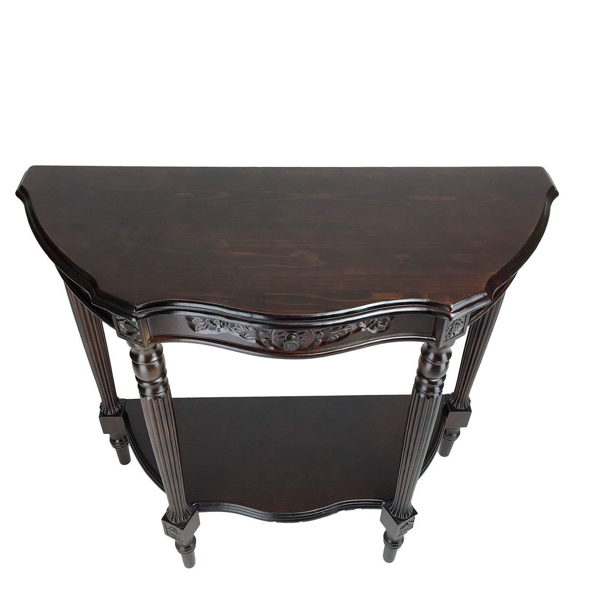 Half Crescent Moon Shape Engraved Wooden Console Table with 1 Drawer, Brown