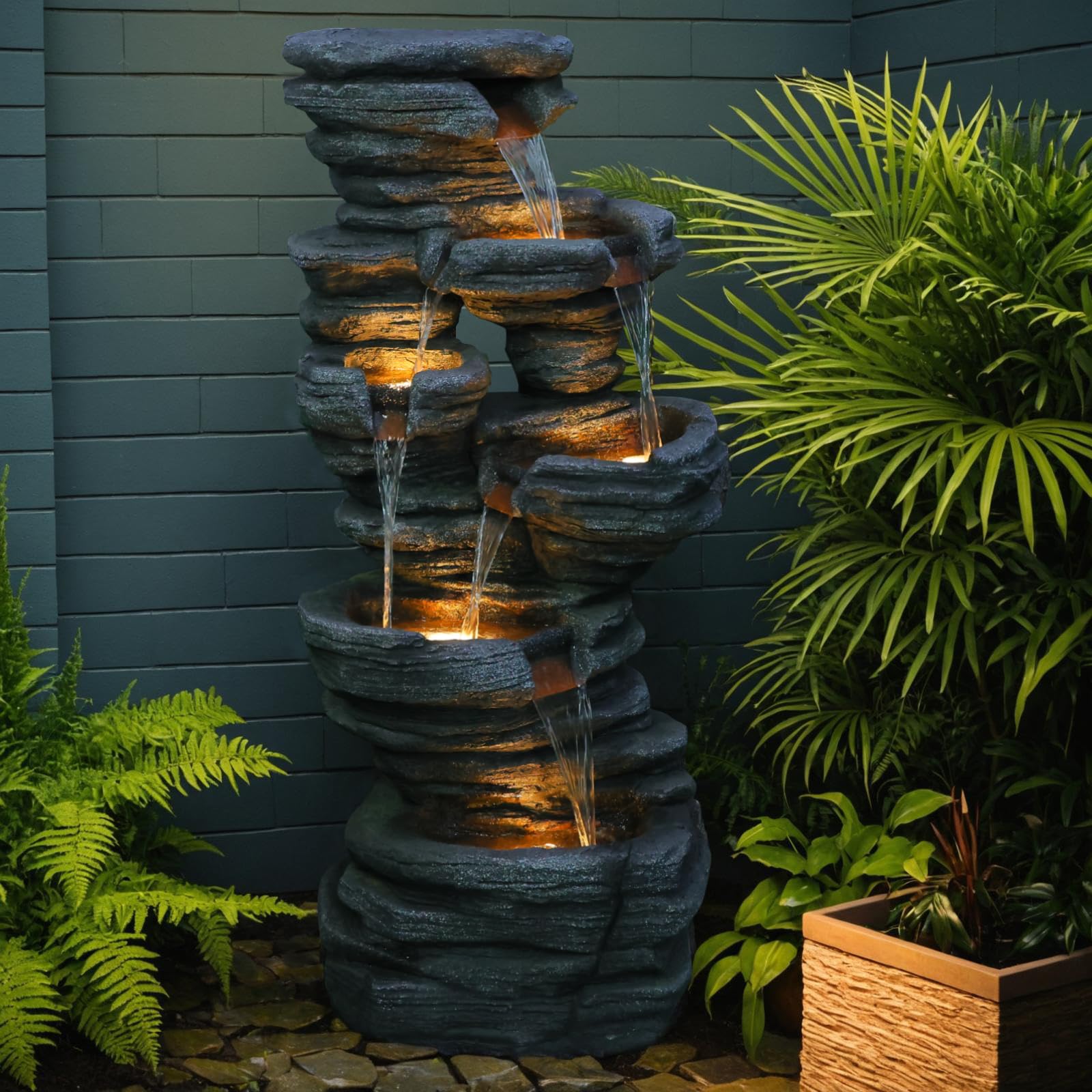 42.5" H Garden Outdoor Water Fountain with LED Lights & Pump