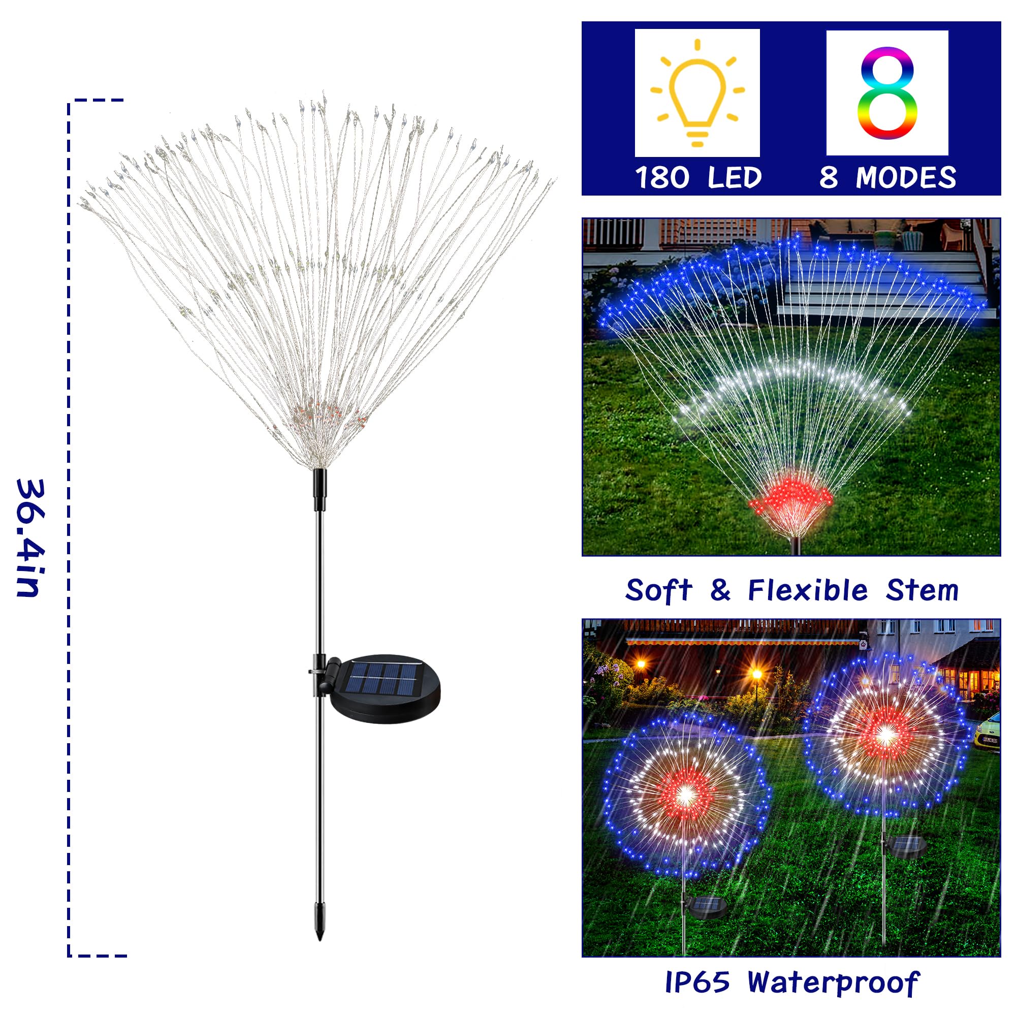 4th of July Decorations Outdoor Solar Lights, 2 Pack Solar Powered Firework Lights