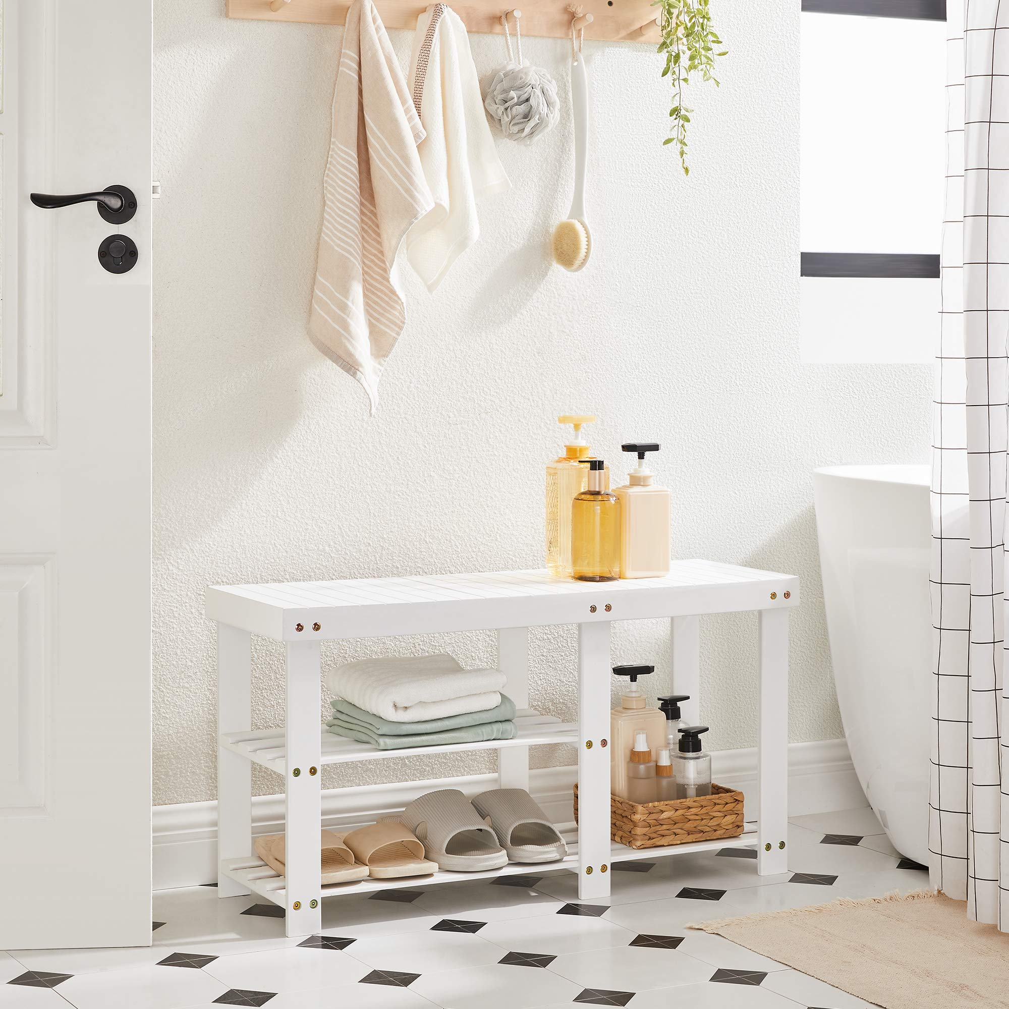 Bamboo Shoe Bench, Shoe Rack for Boots, Entryway Storage Organizer