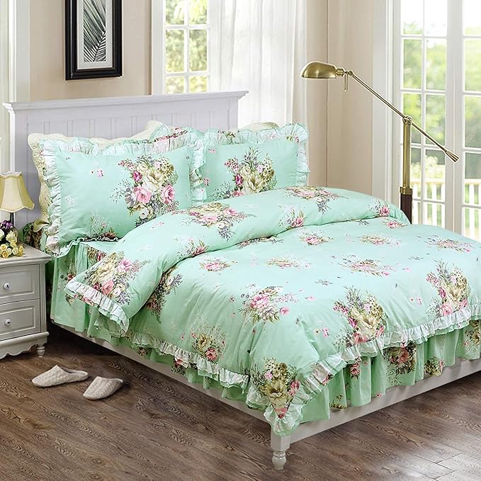 Floral Teal Bedding Set 100% Cotton Yarn Dyed Lace Ruffle Duvet Cover Set with Bedskirt