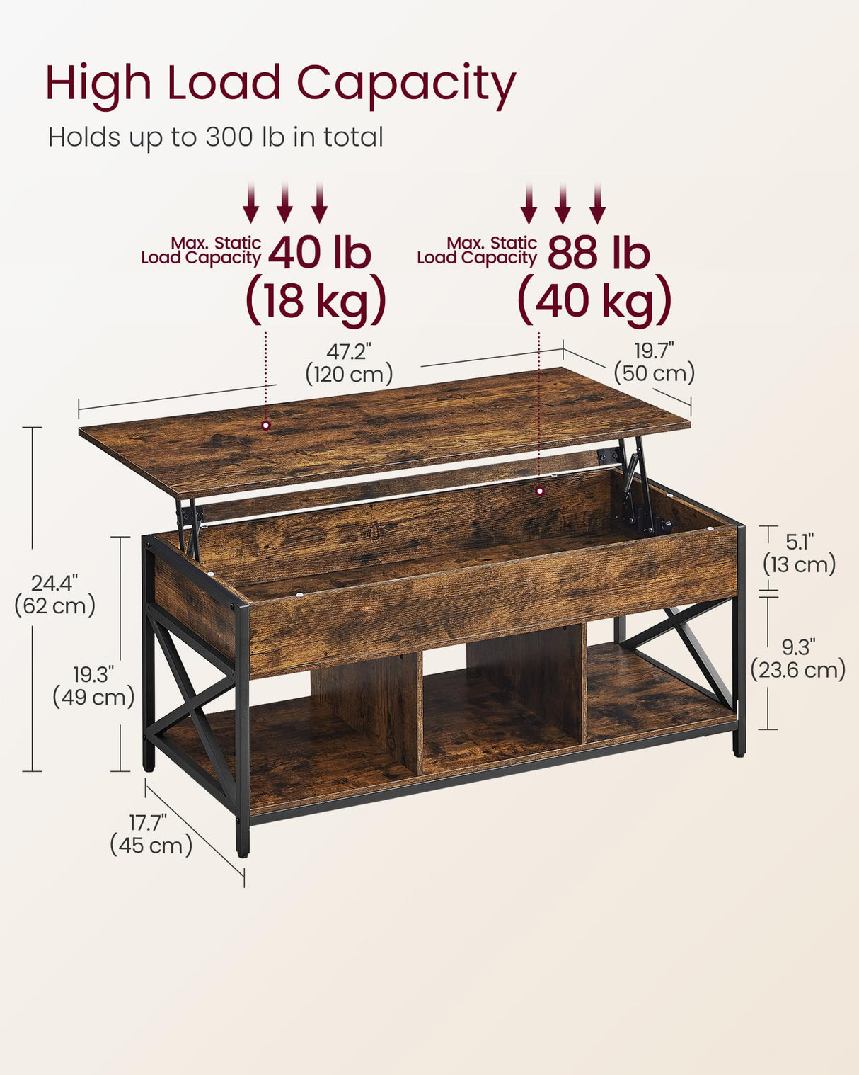 Lift Top Coffee Table, Coffee Table with Storage Shelf, Hidden Compartments and Lifting