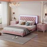 3-Pieces Bedroom Sets, Queen Size Upholstered Platform Bed with LED Lights and 2