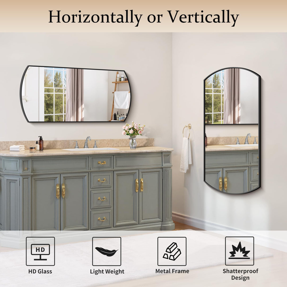 Black Oval Bathroom Mirror 20x40 Inch Wall Mounted