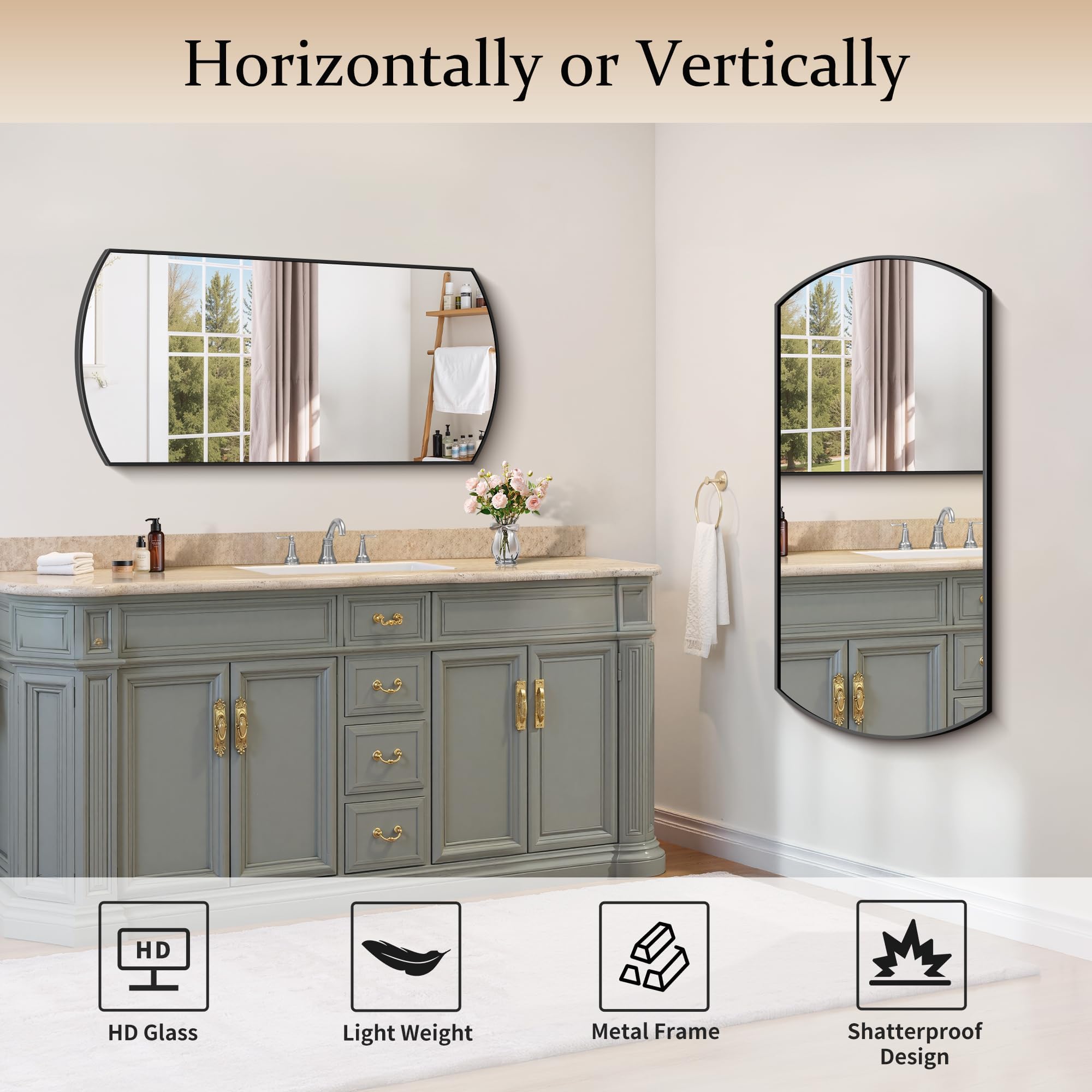 Black Oval Bathroom Mirror 20x40 Inch Wall Mounted