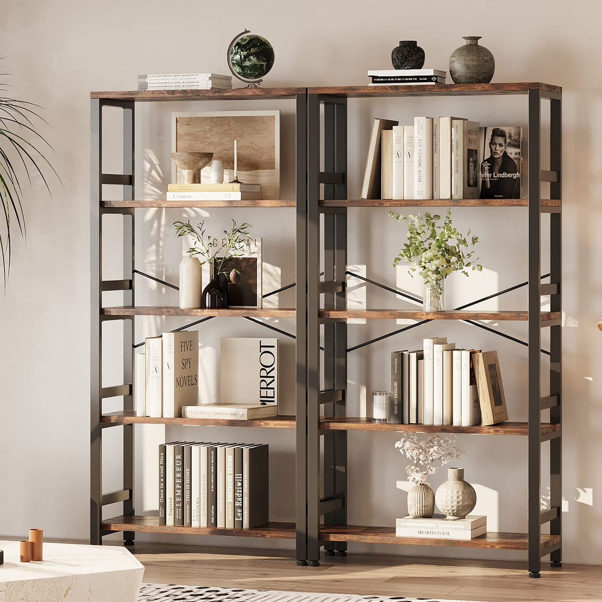 Bookshelves and Bookcases, 31.5in Wide Shelf 5-Tier Ladder Shelf 110lbs/shelf Vintage Industrial Style
