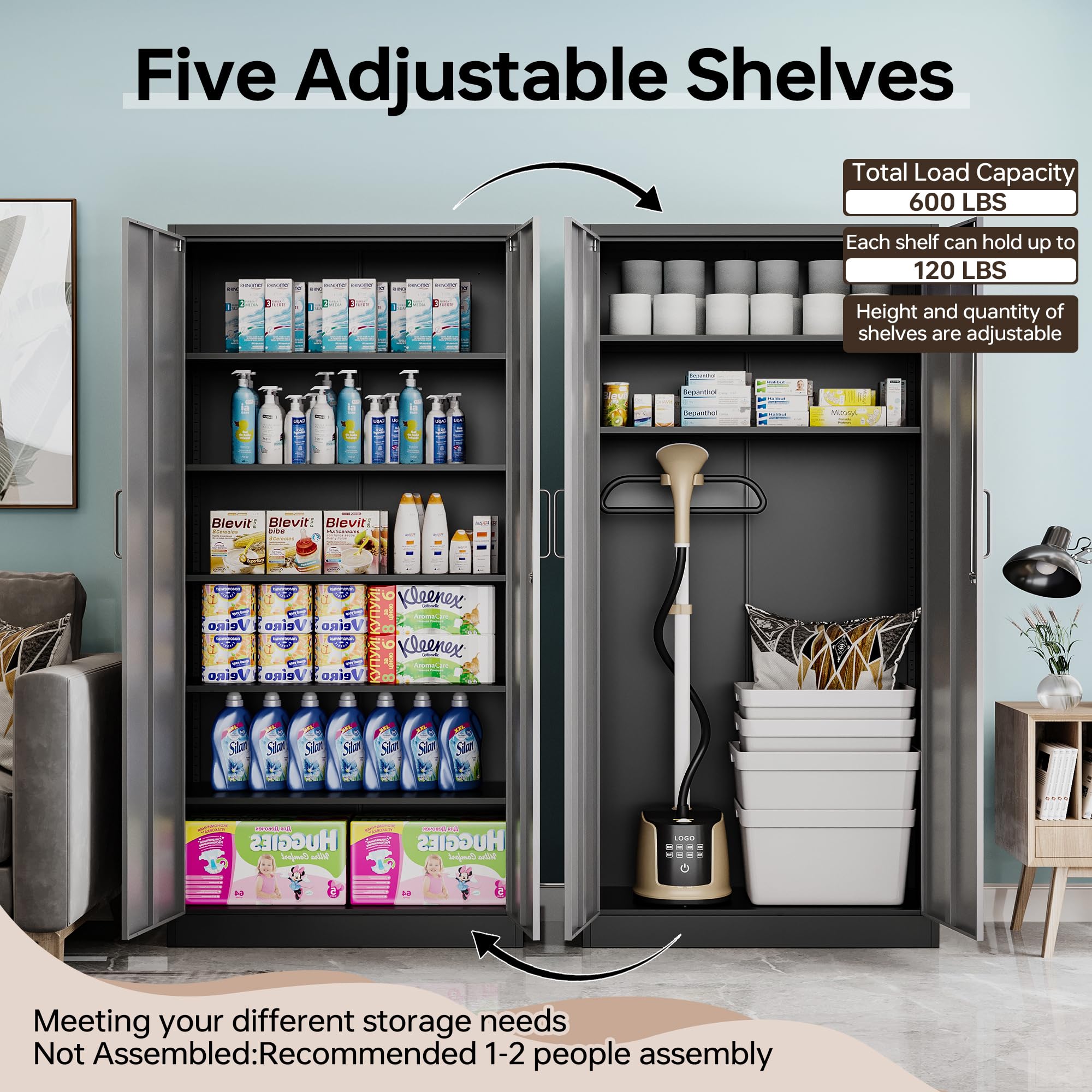 AFAIF Metal Garage Storage Cabinet,71" h Tall Garage Cabinet with 2 Doors and 5 Adjustable Shelves, Steel Utility Tool Cabinet Black Locking Cabinets, Lockable File Cabinet Garage Storage Locker