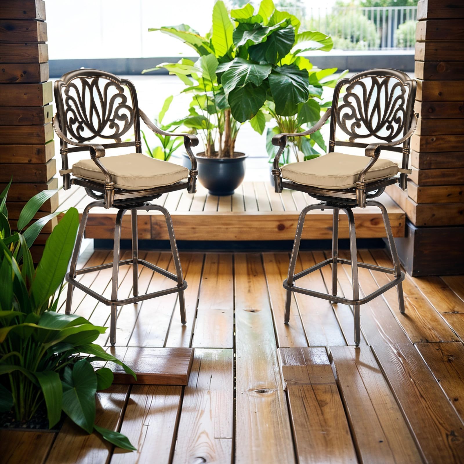 Set of 2 Outdoor Swivel Bar Stools-Cast Aluminum, Bar Height Patio Chairs
