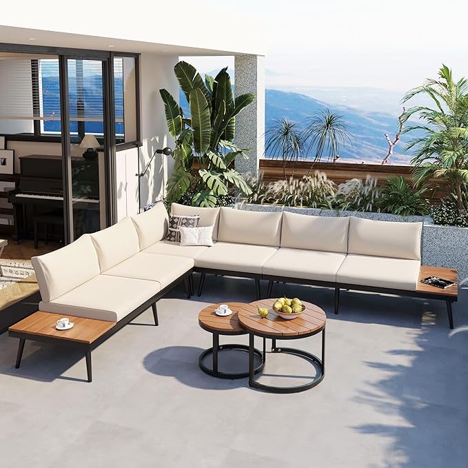 6-Piece Outdoor Sectional Sofa Set with Round Nesting Coffee Tables and Seating Sofa