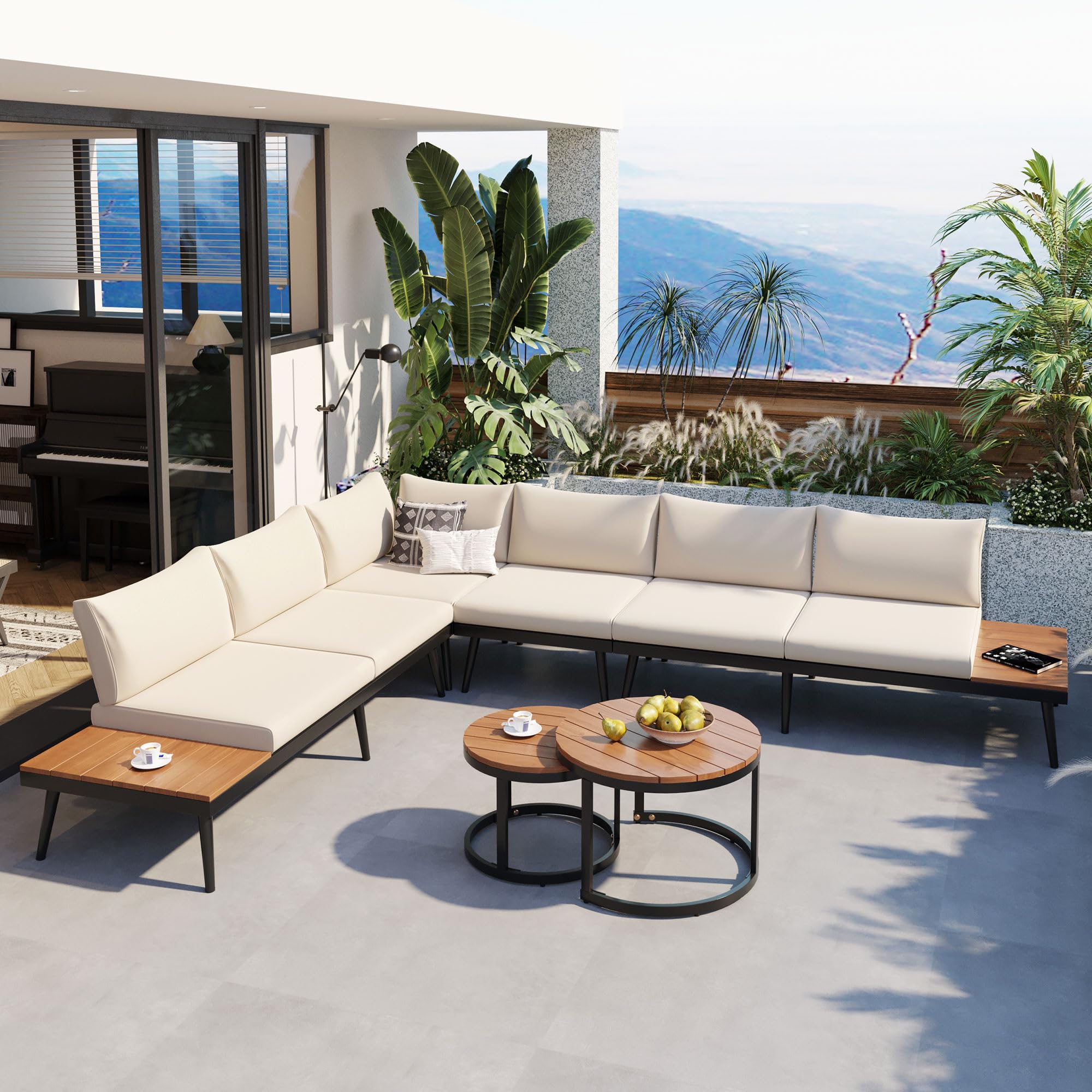 6-Piece Outdoor Sectional Sofa Set with Round Nesting Coffee Tables and Seating Sofa