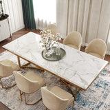 Dining Room Table Set for 6, Rectangular Marble Table with Chairs, Glossy White Tableop,