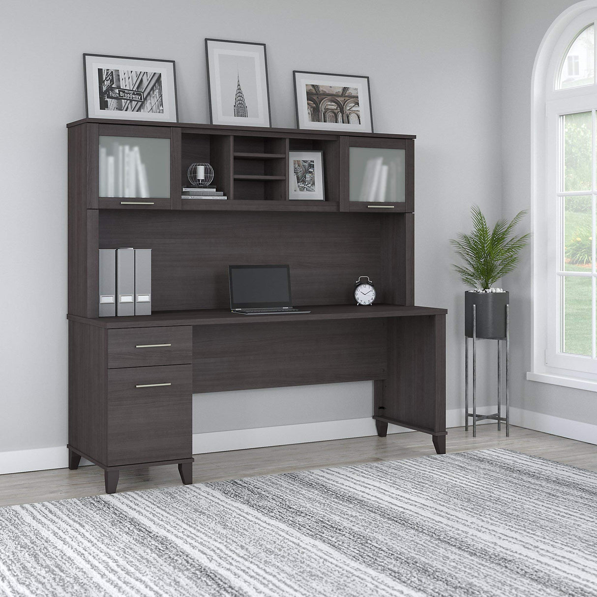 SET018SG Somerset 72-Inch Computer Desk with Drawers and Hutch, Storm Gray