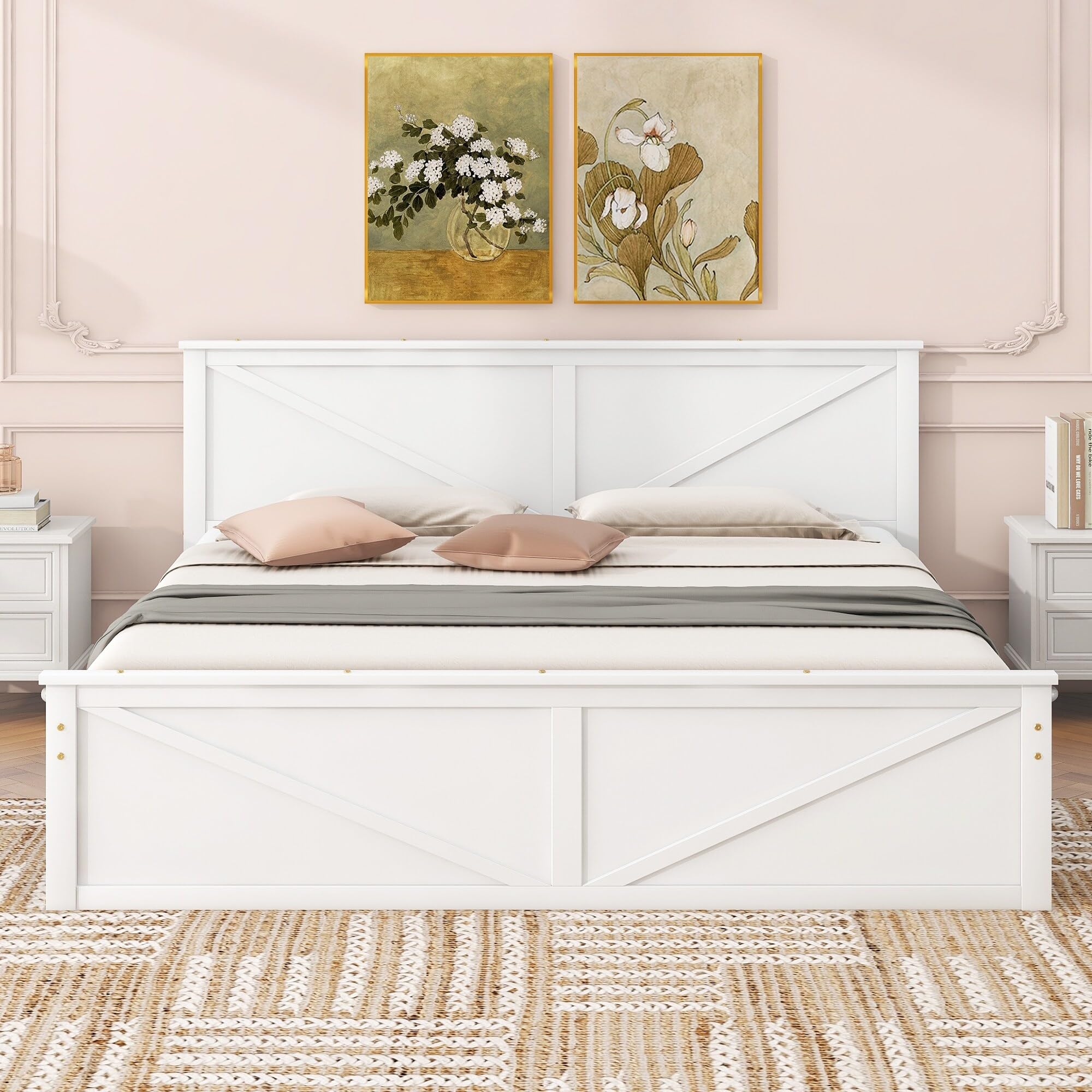 King Size Wooden Platform Bed White