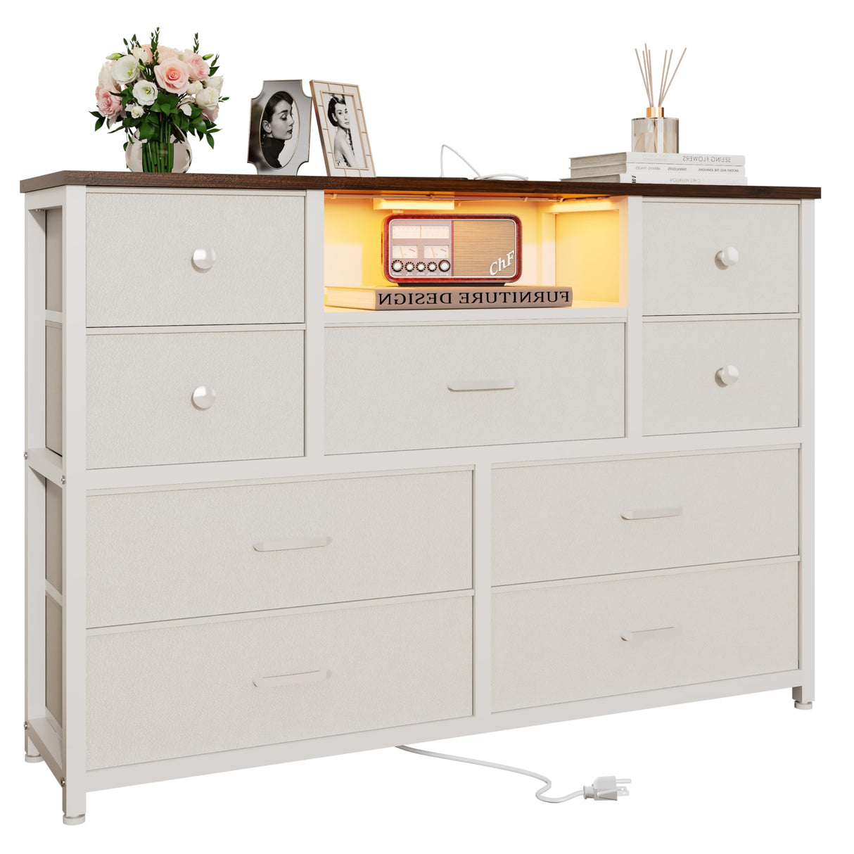 Dresser, White Dresser for Bedroom with LED Lights & Charging Station, TV Stand Dresser