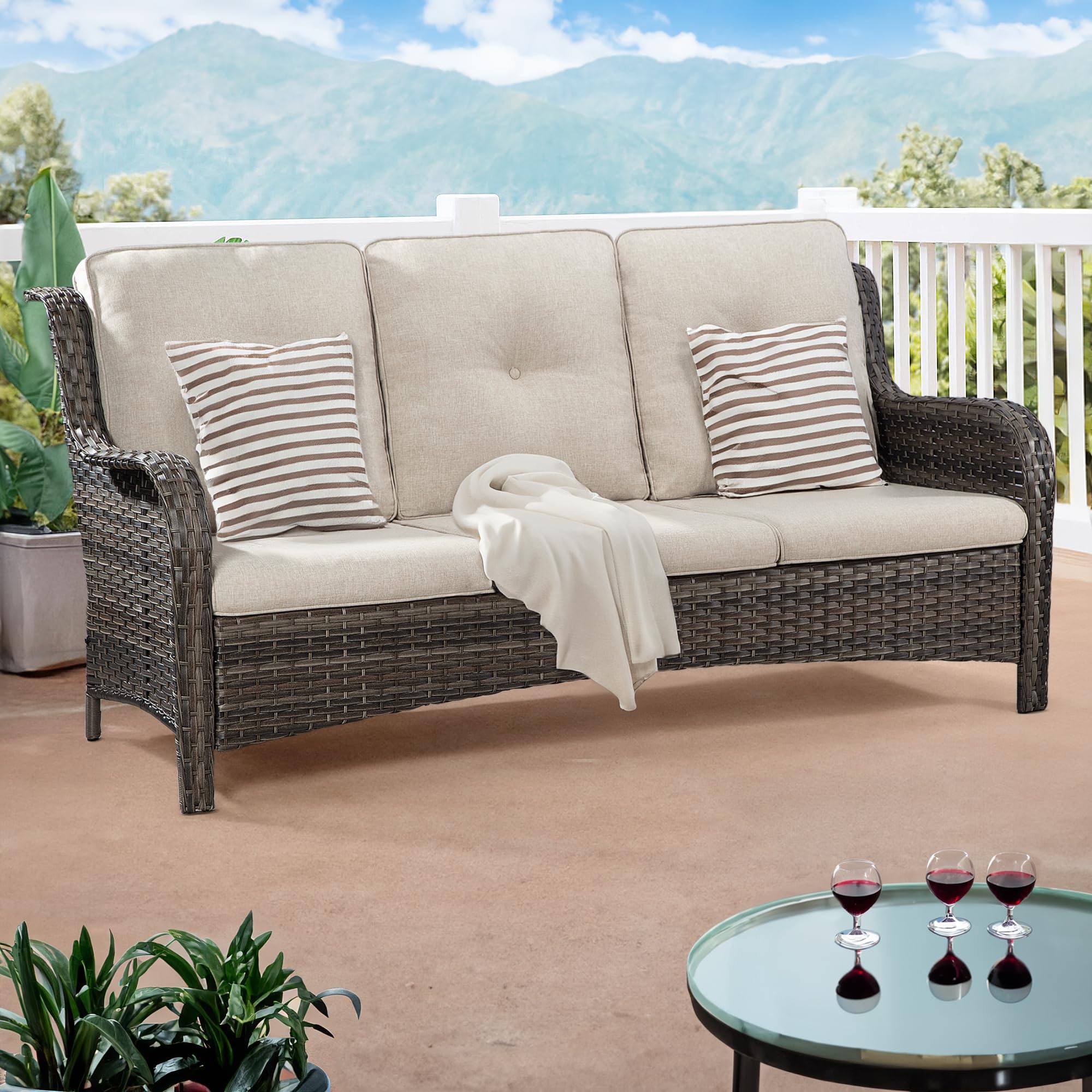 Outdoor Patio Couch Wicker Sofa - 3 Seater Rattan Sofa for Outside Patio Garden