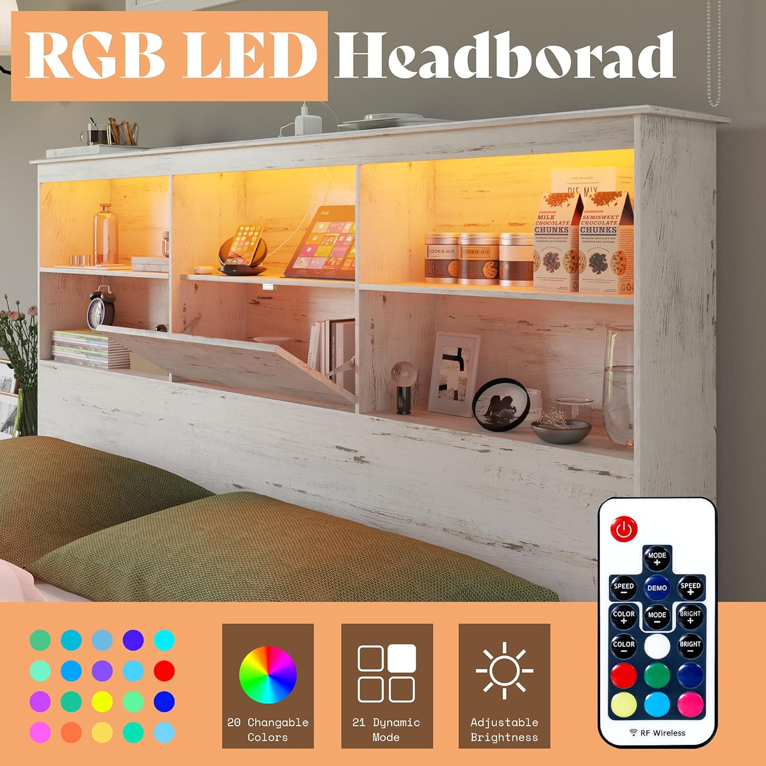 King Size Bed Frame Wooden Platform Bed with 51.2" Storage LED Bookcase Headboard