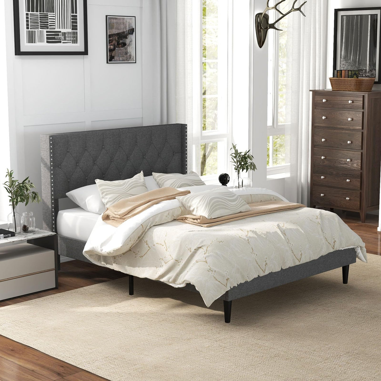 Full Size Upholstered Platform Bed Frame with Tufted Headboard