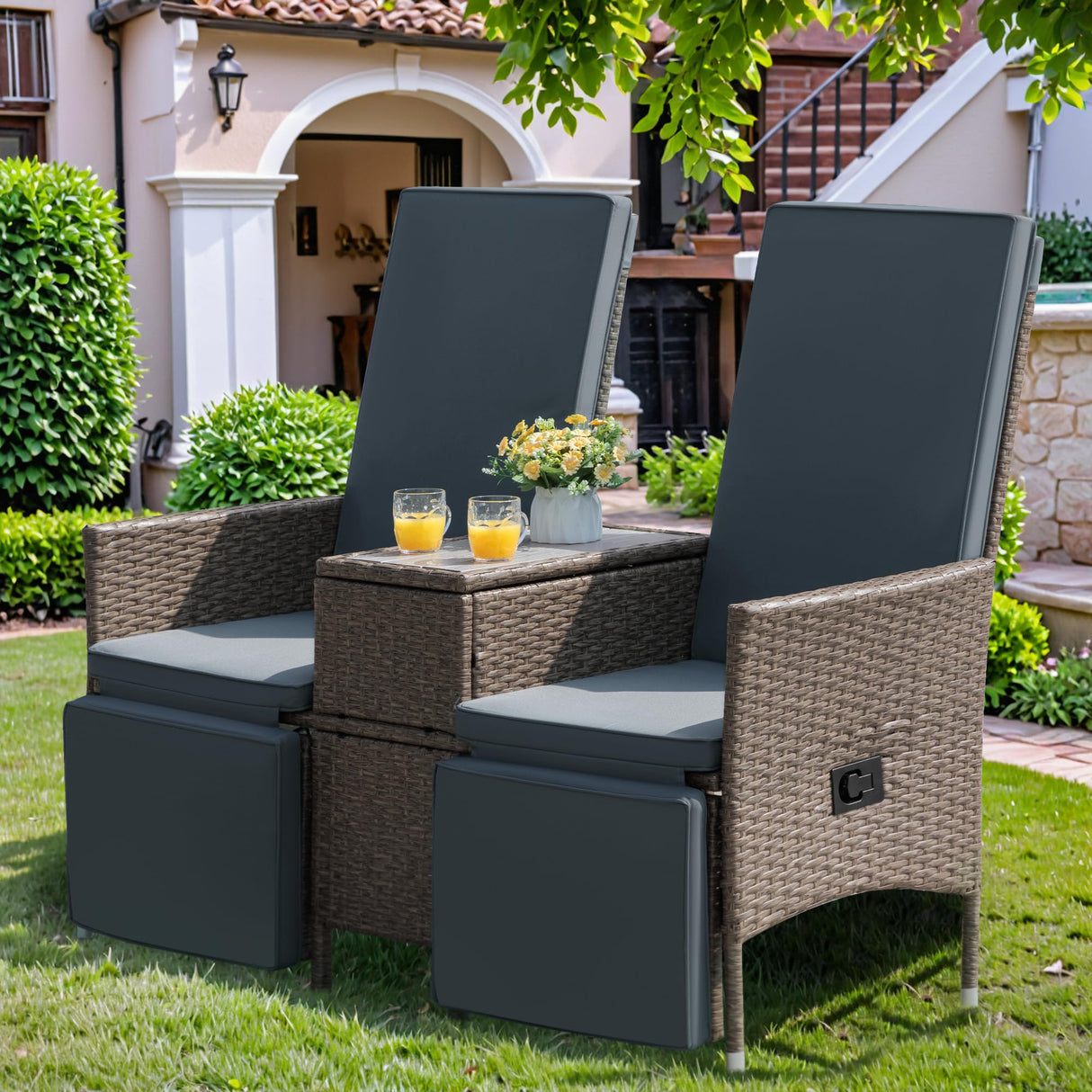 Patio Recliner Loveseat Chair, Adjustable Backrest Wicker Conversation Set