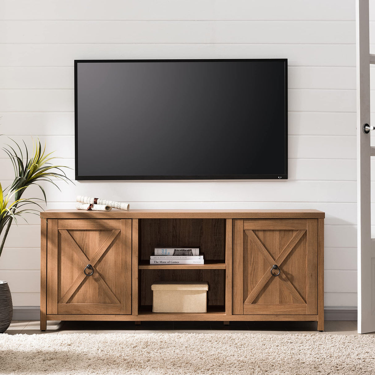 TV Stand for TV's up to 65" in Golden Oak, Electric Fireplace TV Stands for the Living Room