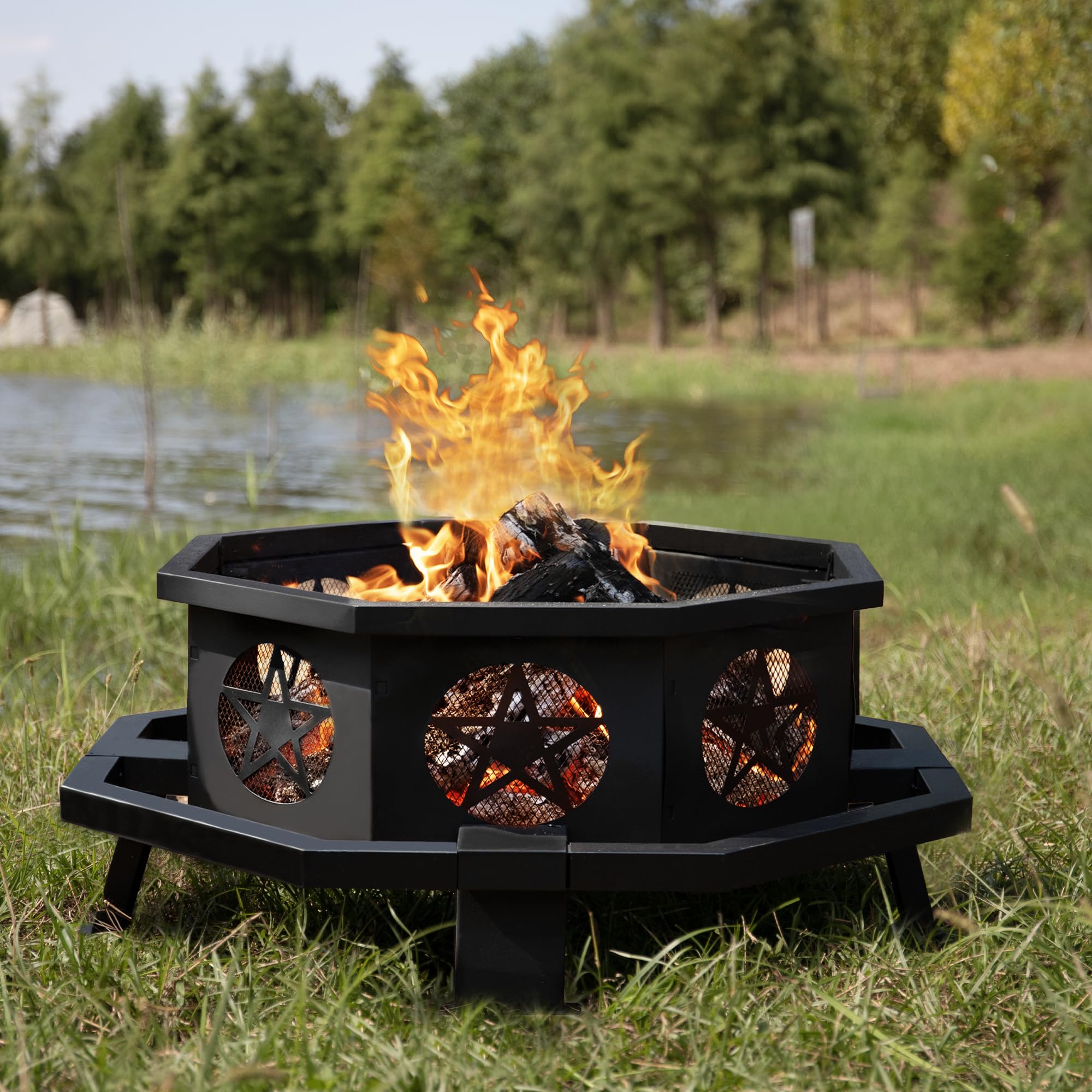 Verdeluxe 43 Inch Octagonal Fire Pit with Cooking Grill,Outdoor Wood Burning Fire Pit for Camping Outside Picnic Bonfire,Heavy Duty Firepit for Backyard Garden Patio - Bircata