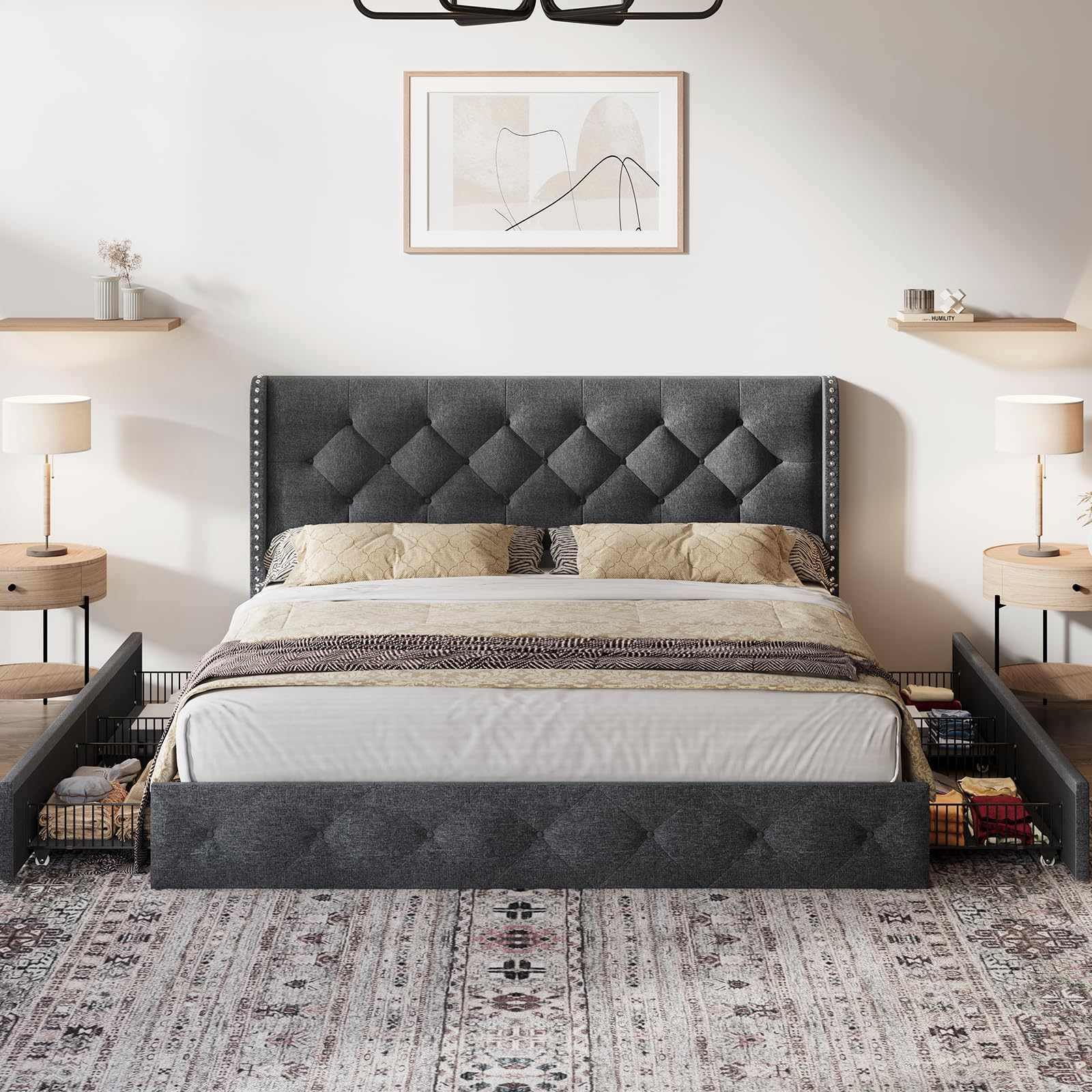 Queen Size Platform Bed Frame with 4 Storage Drawers and Wingback, Modern Linen