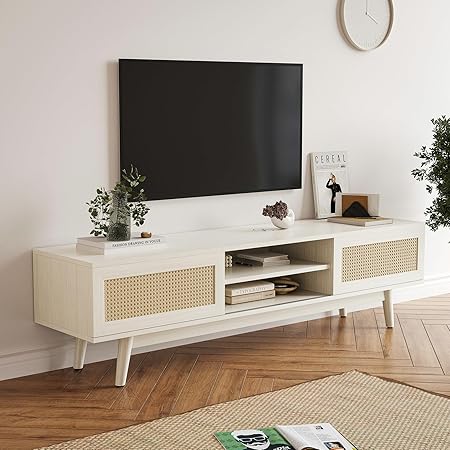 65'' Rattan TV Stand with Storage,Mid Century Modern TV Stand for Living Room